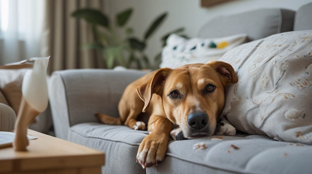 A dog digging with its front paws on a bed or couch cushion, pushing fabric around in a nesting behavior that makes many owners ask why do dogs dig on beds and couches.