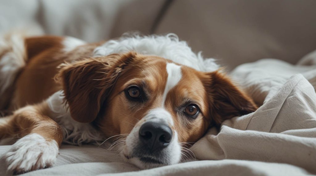 A dog sitting quietly beside its owner who is resting, watching closely and offering comfort, a scene that often makes people wonder do dogs know when you are sick.
