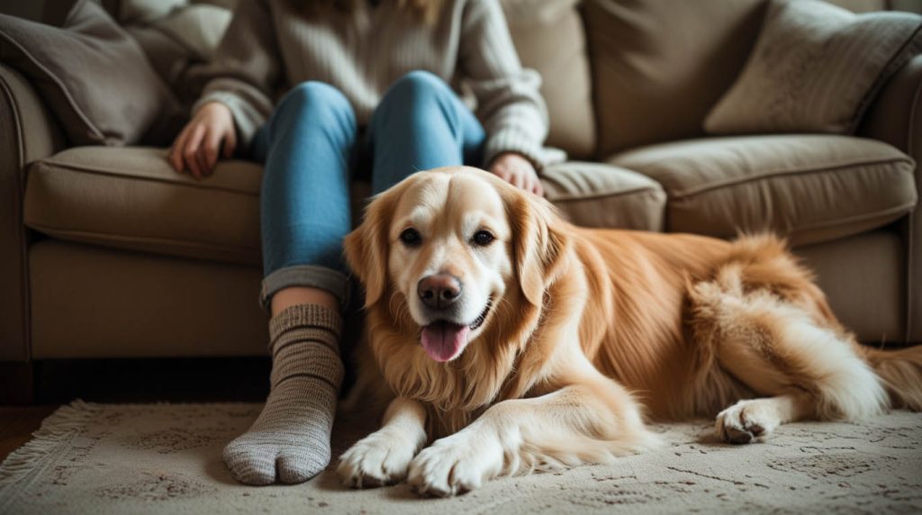 A dog lying comfortably across its owner’s feet while relaxing indoors, staying close and calm, a behavior that often makes people wonder why does my dog lay on my feet.
