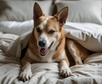 A dog digging into a bed with its paws, pushing around blankets while looking focused, a behavior that often makes owners wonder why do dogs dig on the bed.