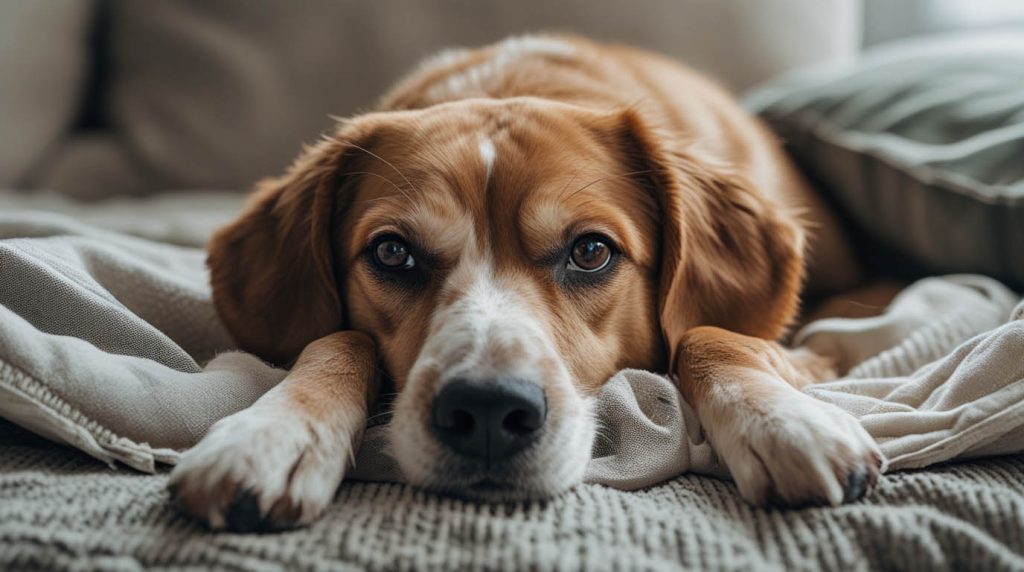 A dog resting indoors while its owner watches closely with concern, noticing changes in behavior that can help explain how to know if your dog is sick.