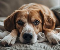 A dog resting indoors while its owner watches closely with concern, noticing changes in behavior that can help explain how to know if your dog is sick.