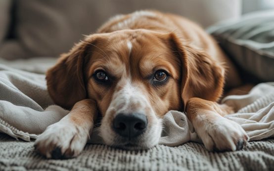 A dog resting indoors while its owner watches closely with concern, noticing changes in behavior that can help explain how to know if your dog is sick.