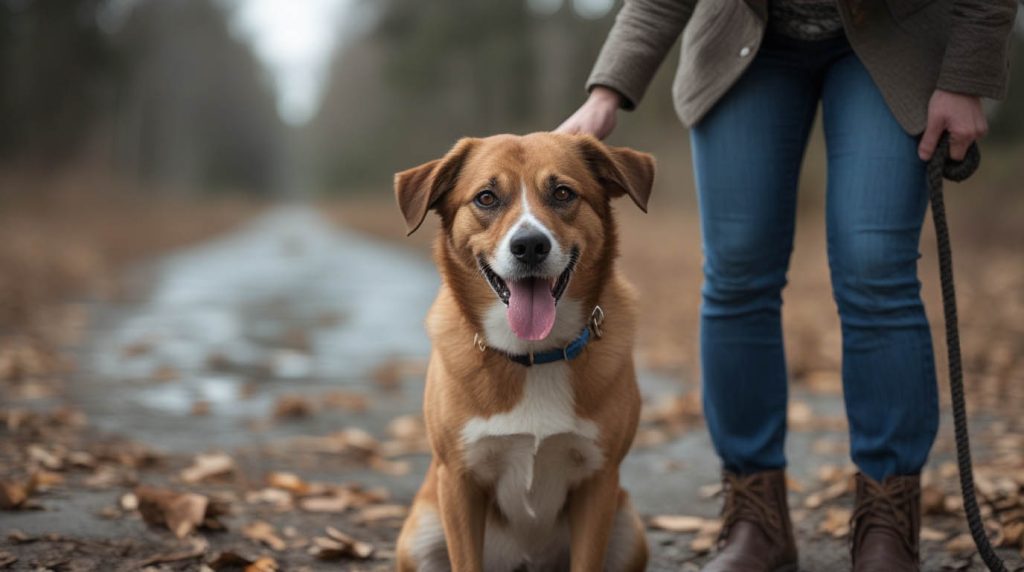 A dog sitting in front of its owner with a focused, watchful expression, staying close and alert, which often leads people to ask why is my dog so protective of me.