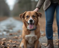 A dog sitting in front of its owner with a focused, watchful expression, staying close and alert, which often leads people to ask why is my dog so protective of me.