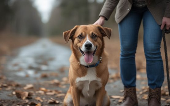 A dog sitting in front of its owner with a focused, watchful expression, staying close and alert, which often leads people to ask why is my dog so protective of me.