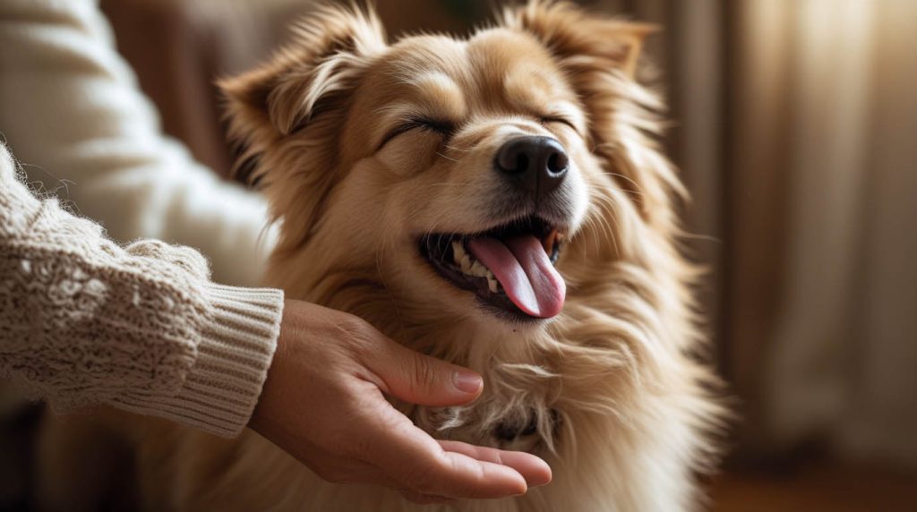 A dog sitting calmly while its owner pets its head or back, caught mid-yawn, a behavior that often leads people to ask why does my dog yawn when I pet him.