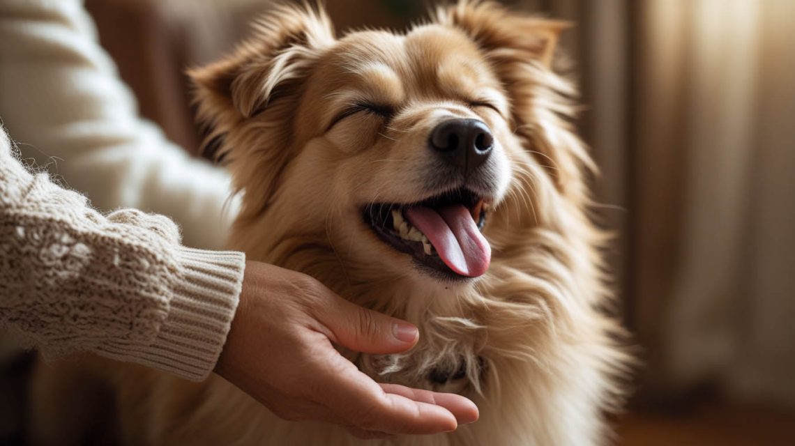 A dog sitting calmly while its owner pets its head or back, caught mid-yawn, a behavior that often leads people to ask why does my dog yawn when I pet him.