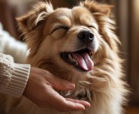 A dog sitting calmly while its owner pets its head or back, caught mid-yawn, a behavior that often leads people to ask why does my dog yawn when I pet him.