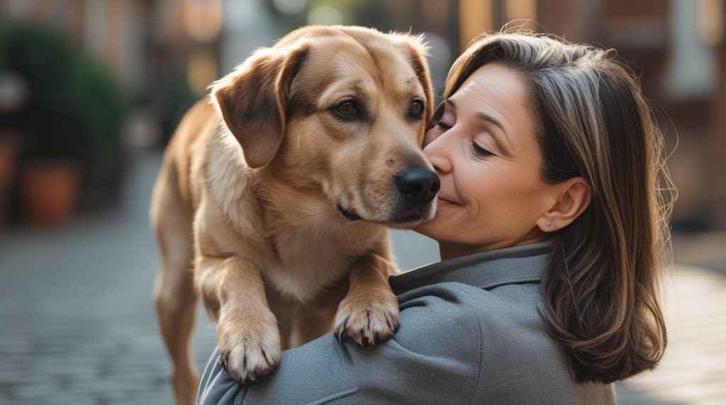A dog sitting beside its owner and leaning gently against their leg, looking relaxed and content, which often leads people to ask why is my dog leaning on me.