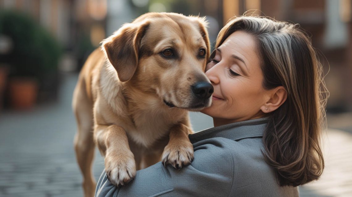 A dog sitting beside its owner and leaning gently against their leg, looking relaxed and content, which often leads people to ask why is my dog leaning on me.