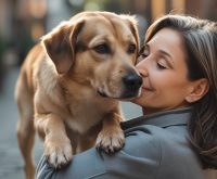 A dog sitting beside its owner and leaning gently against their leg, looking relaxed and content, which often leads people to ask why is my dog leaning on me.