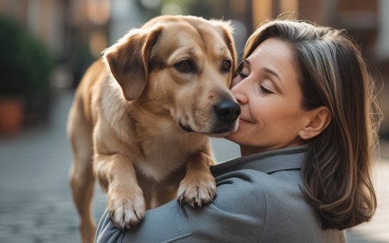 A dog sitting beside its owner and leaning gently against their leg, looking relaxed and content, which often leads people to ask why is my dog leaning on me.