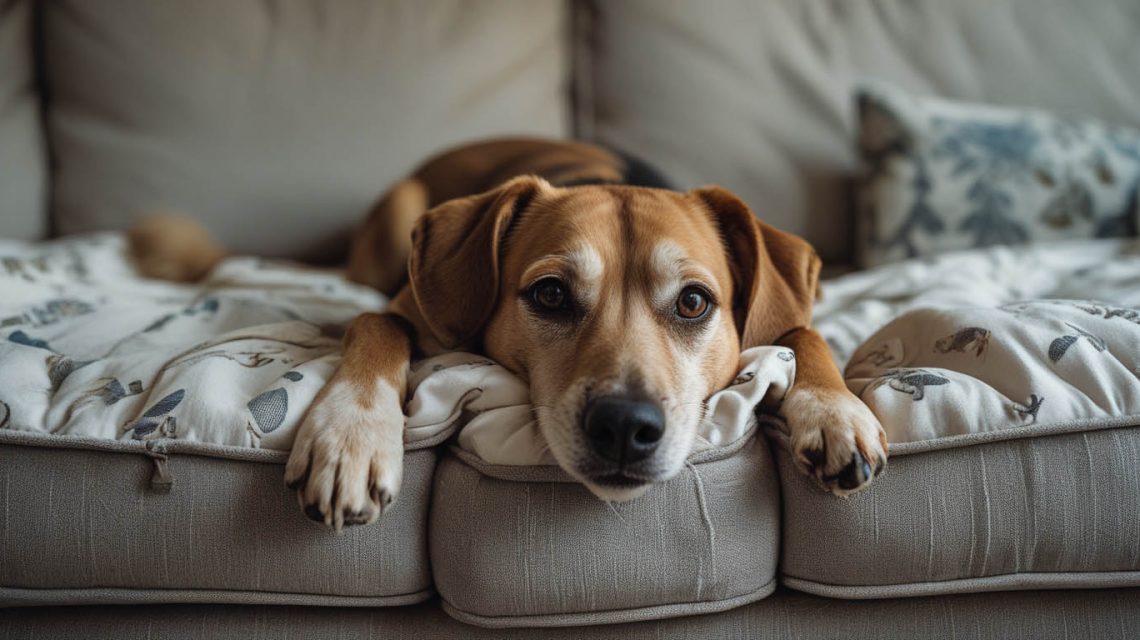 A dog scratching and digging at a couch cushion with its paws, bunching up the fabric in a natural nesting behavior that often leads owners to wonder why do dogs dig on beds and couches.