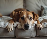 A dog scratching and digging at a couch cushion with its paws, bunching up the fabric in a natural nesting behavior that often leads owners to wonder why do dogs dig on beds and couches.