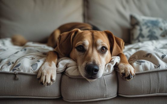 A dog scratching and digging at a couch cushion with its paws, bunching up the fabric in a natural nesting behavior that often leads owners to wonder why do dogs dig on beds and couches.