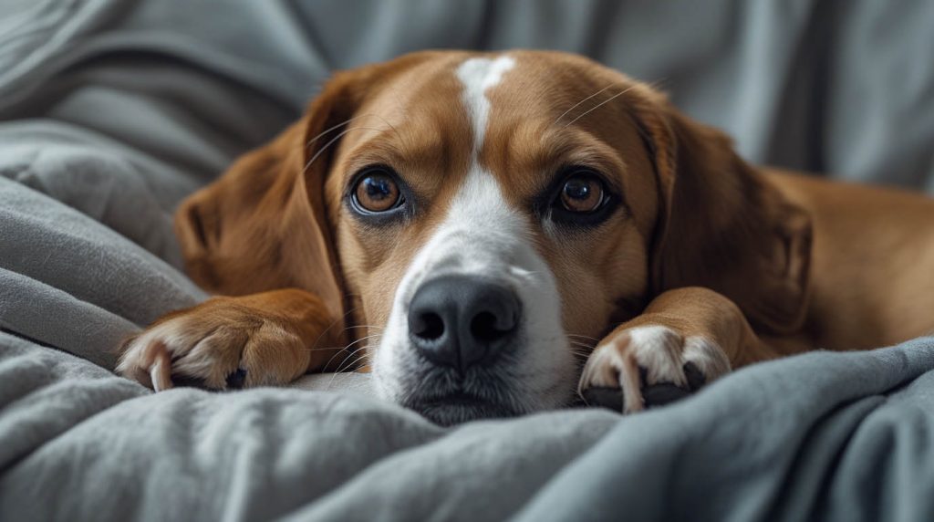 A dog lying close to its owner on a couch or bed while the person appears unwell, staying alert and calm, which often leads people to ask do dogs know when you are sick.
