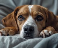 A dog lying close to its owner on a couch or bed while the person appears unwell, staying alert and calm, which often leads people to ask do dogs know when you are sick.