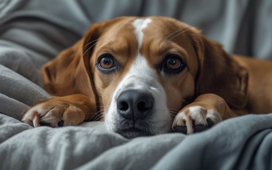 A dog lying close to its owner on a couch or bed while the person appears unwell, staying alert and calm, which often leads people to ask do dogs know when you are sick.