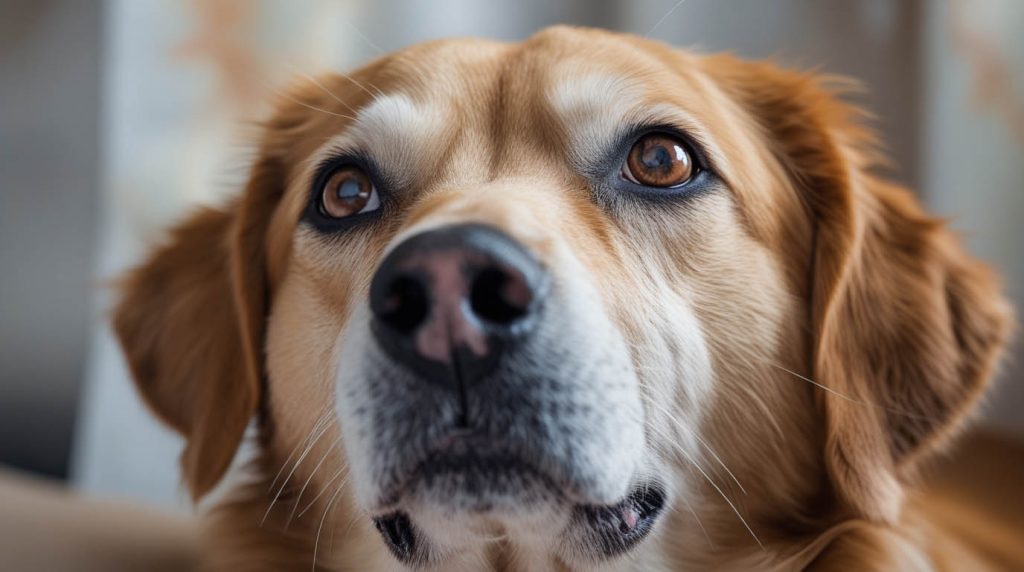 A dog lying or sitting indoors while staring intently at its owner, appearing calm and attentive, which often leads owners to ask why does my dog stare at me.