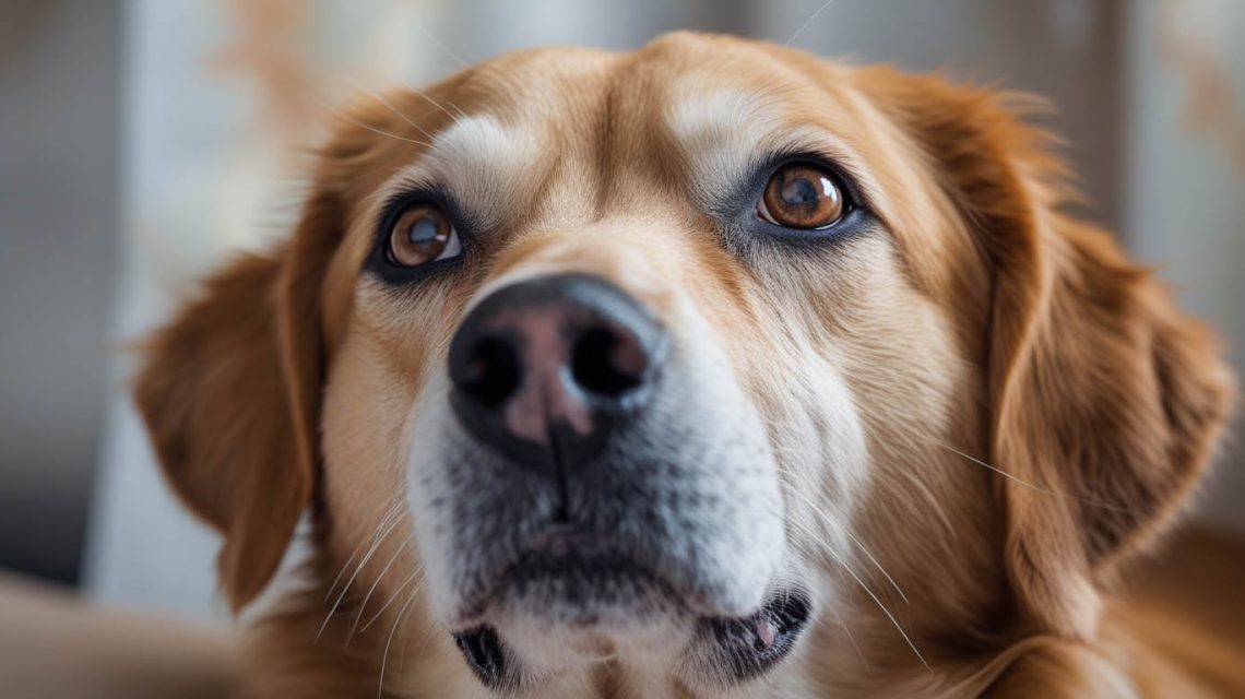A dog lying or sitting indoors while staring intently at its owner, appearing calm and attentive, which often leads owners to ask why does my dog stare at me.