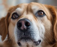 A dog lying or sitting indoors while staring intently at its owner, appearing calm and attentive, which often leads owners to ask why does my dog stare at me.