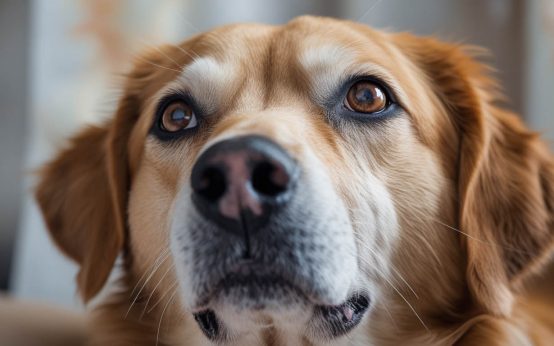 A dog lying or sitting indoors while staring intently at its owner, appearing calm and attentive, which often leads owners to ask why does my dog stare at me.
