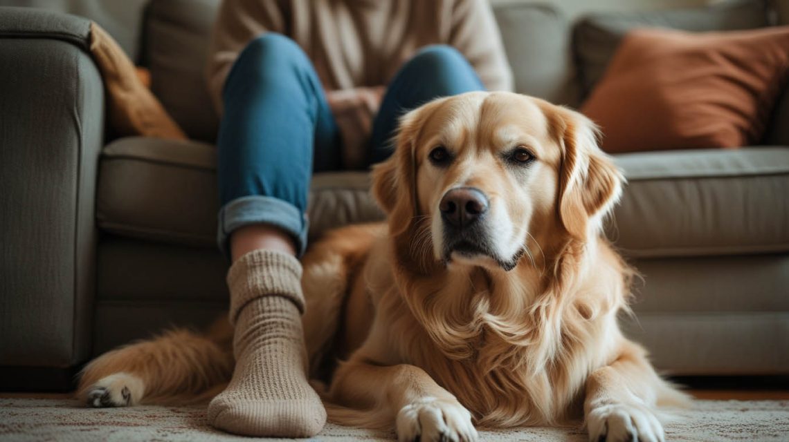 A dog resting on the floor with its body gently laid across its owner’s feet, looking relaxed and content, which often leads people to ask why does my dog lay on my feet.