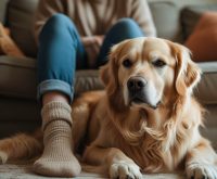 A dog resting on the floor with its body gently laid across its owner’s feet, looking relaxed and content, which often leads people to ask why does my dog lay on my feet.