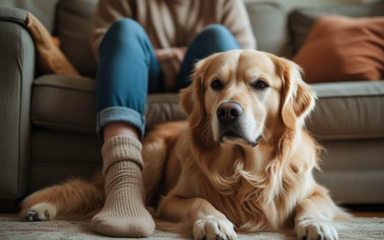 A dog resting on the floor with its body gently laid across its owner’s feet, looking relaxed and content, which often leads people to ask why does my dog lay on my feet.