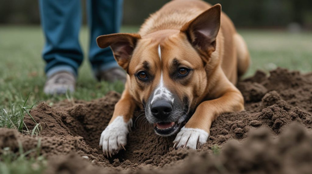 A dog pawing at the floor and circling a spot before lying down, a common instinctive behavior that often makes owners ask why do dogs dig before lying down.