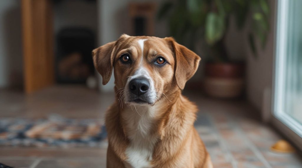 A dog sitting still indoors and staring ahead with a calm, focused expression, a behavior that often makes owners wonder why do dogs just sit and stare.