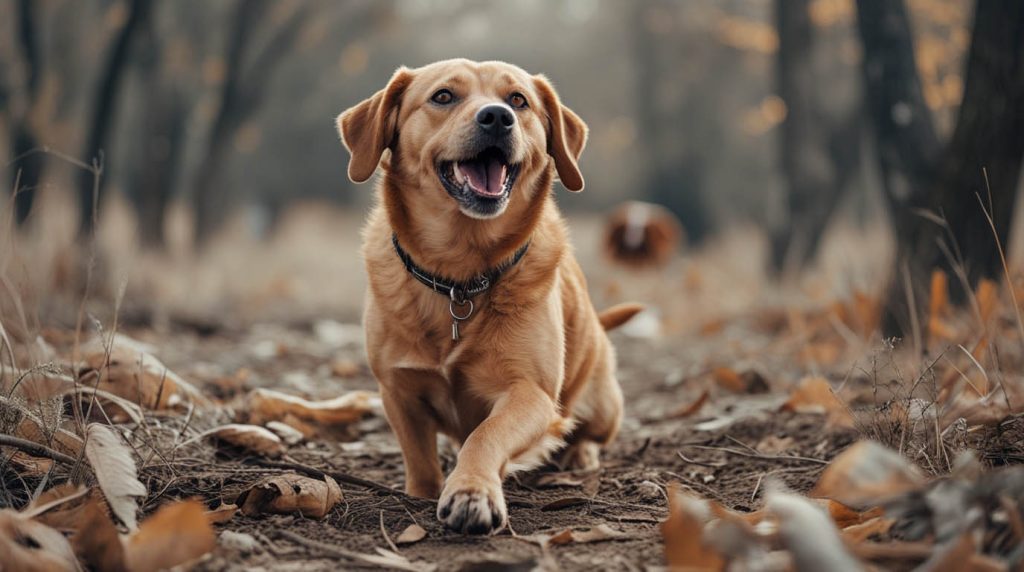 A dog standing in a living room and barking toward an empty area, looking alert and confused, a situation that often leaves owners asking why is my dog barking at nothing.