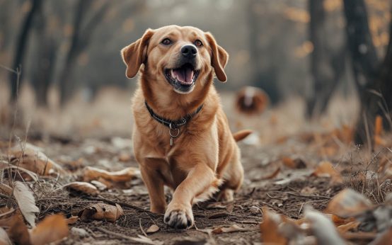 A dog standing in a living room and barking toward an empty area, looking alert and confused, a situation that often leaves owners asking why is my dog barking at nothing.