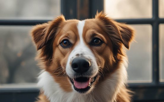 A dog sitting close to its owner and watching their facial expression, appearing calm and attentive, which often leads people to ask do dogs understand human emotions.