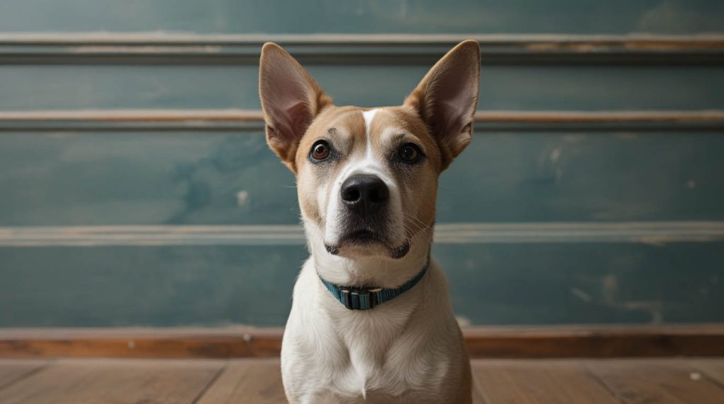 A dog sitting quietly on the floor and staring at its owner or into space, appearing relaxed yet alert, which often leads people to ask why do dogs just sit and stare.