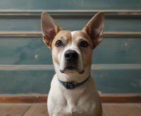 A dog sitting quietly on the floor and staring at its owner or into space, appearing relaxed yet alert, which often leads people to ask why do dogs just sit and stare.