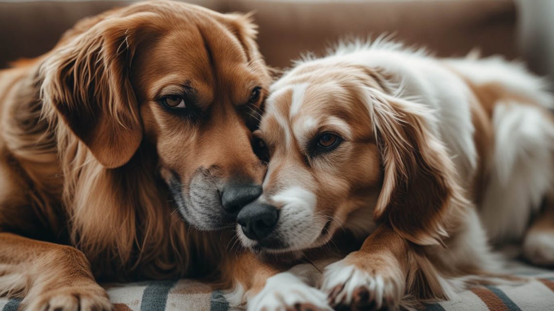 A dog standing close and gently pressing its side against its owner’s leg, appearing relaxed and affectionate, a behavior that often leads people to ask why does my dog press against me.