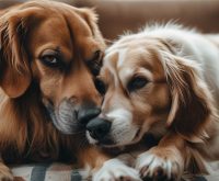 A dog standing close and gently pressing its side against its owner’s leg, appearing relaxed and affectionate, a behavior that often leads people to ask why does my dog press against me.