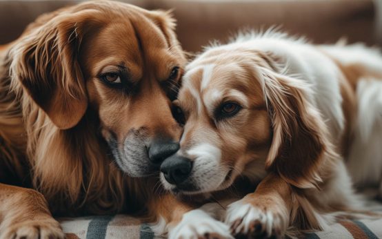 A dog standing close and gently pressing its side against its owner’s leg, appearing relaxed and affectionate, a behavior that often leads people to ask why does my dog press against me.