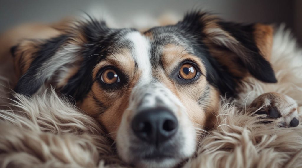 A dog sitting next to its owner while looking away instead of making eye contact, a common behavior that makes people wonder why does my dog avoid eye contact.