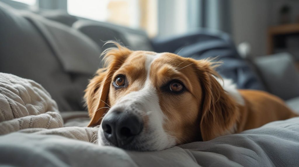 A dog sitting very close to its owner and pawing gently for attention, looking alert and eager for interaction, a behavior that often makes owners wonder why does my dog want constant attention.