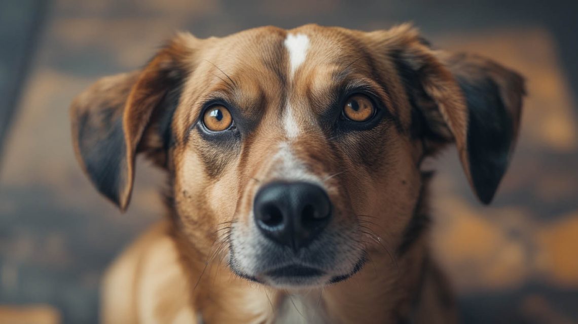 A dog sitting calmly indoors while turning its head away and avoiding direct eye contact with its owner, which often leads owners to ask why does my dog avoid eye contact.