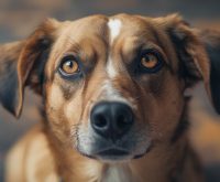 A dog sitting calmly indoors while turning its head away and avoiding direct eye contact with its owner, which often leads owners to ask why does my dog avoid eye contact.