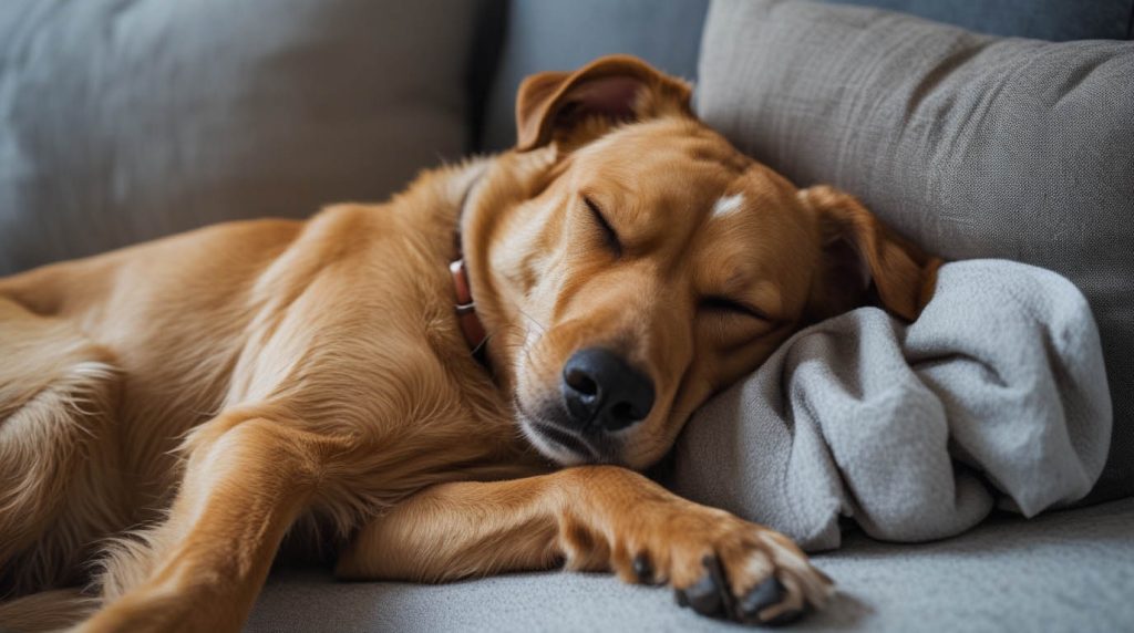 A dog curled up and sleeping while touching its owner on a bed, showing closeness and comfort that often leads owners to ask why does my dog sleep touching me.
