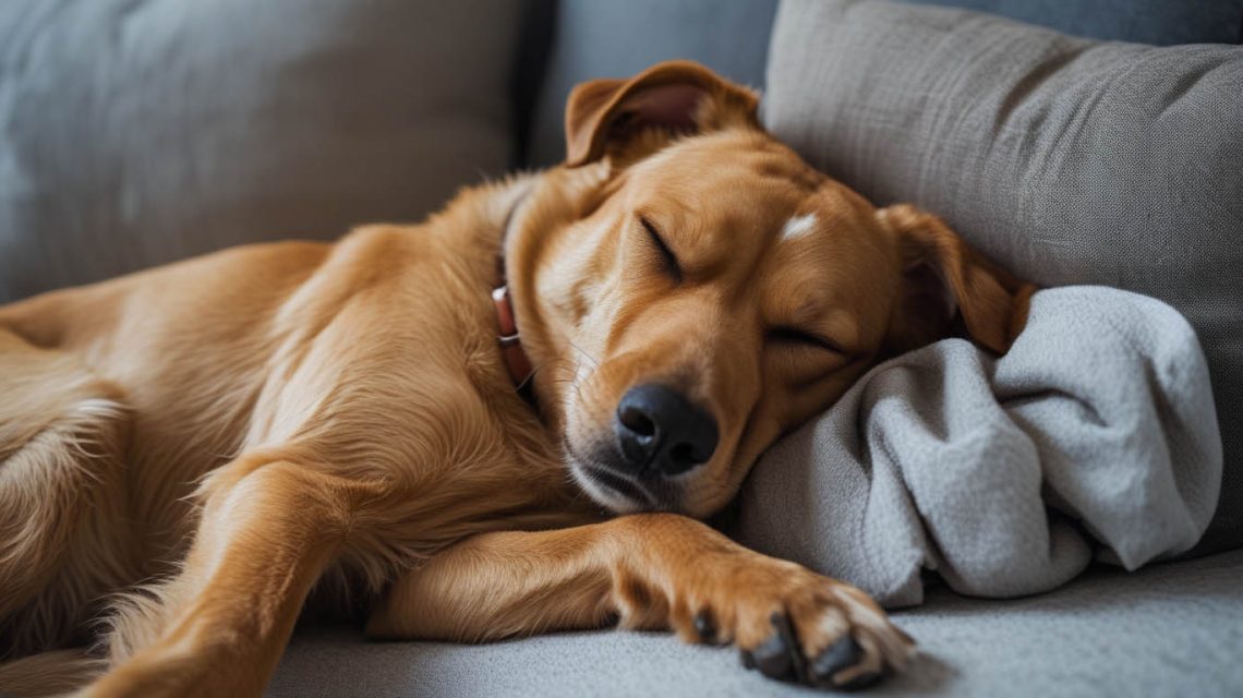 A dog curled up and sleeping while touching its owner on a bed, showing closeness and comfort that often leads owners to ask why does my dog sleep touching me.