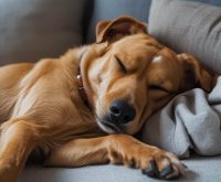 A dog curled up and sleeping while touching its owner on a bed, showing closeness and comfort that often leads owners to ask why does my dog sleep touching me.