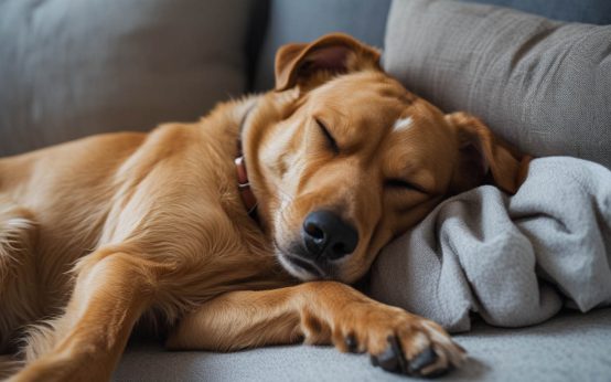 A dog curled up and sleeping while touching its owner on a bed, showing closeness and comfort that often leads owners to ask why does my dog sleep touching me.