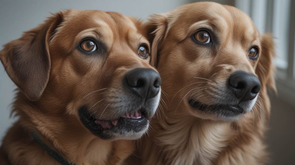 A dog sitting indoors and staring attentively at a person nearby, appearing calm and focused, a behavior that often leads people to ask why do dogs stare at people.