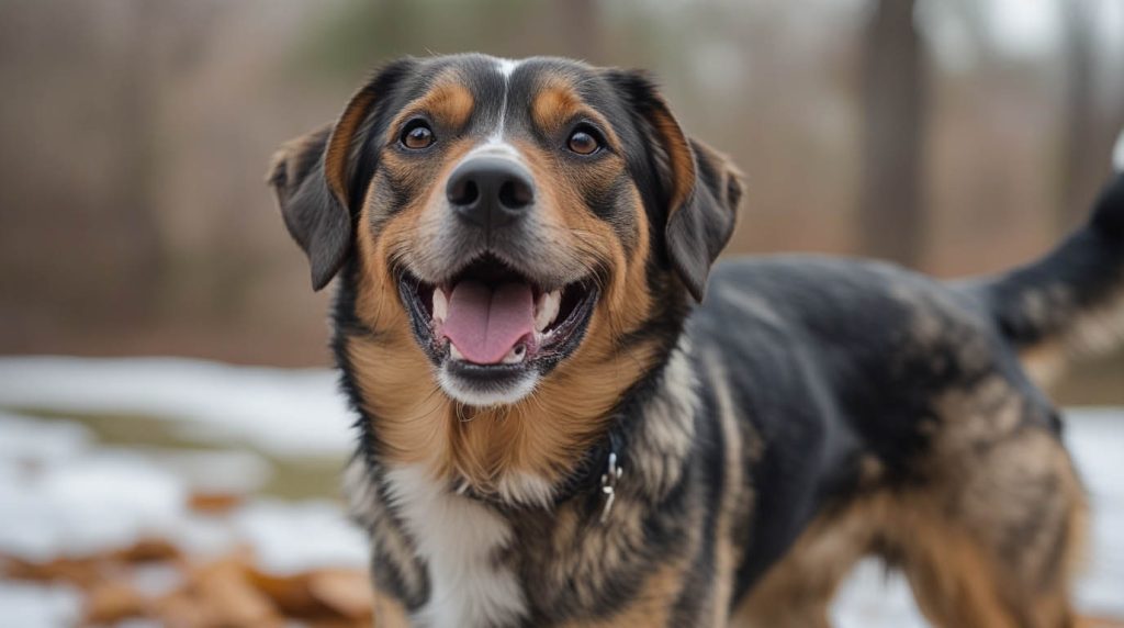 A dog sitting close and leaning against its owner’s leg, appearing relaxed and secure, a behavior that often leads owners to ask why does my dog lean on me.
